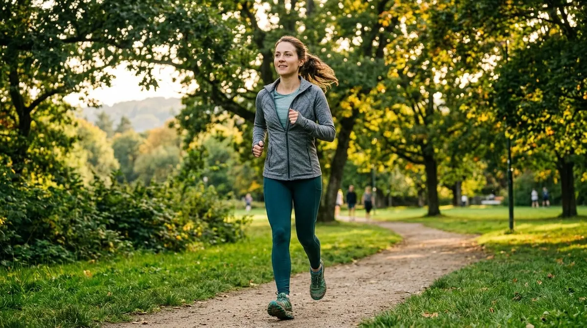Mulher caminhando por uma trilha arborizada em um parque