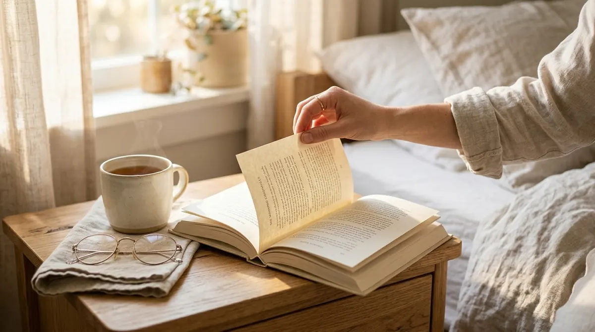 Mão virando a página de um livro sobre a mesa de cabeceira, ao lado de uma xícara
