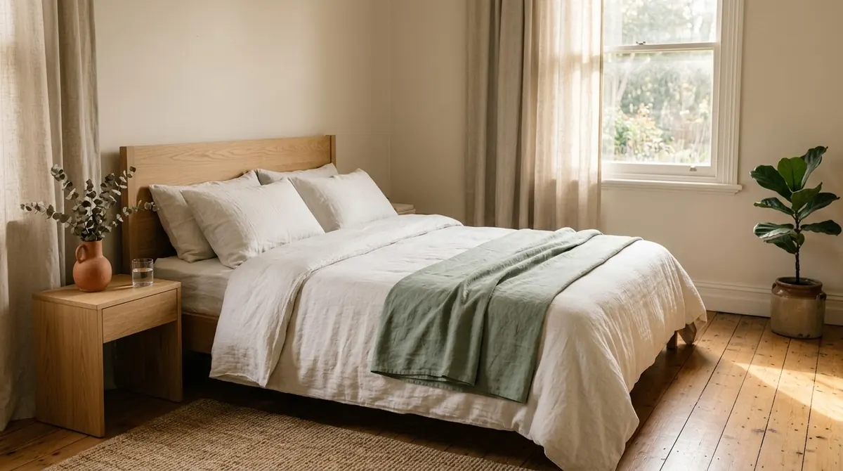 Quarto claro ao amanhecer, com cama arrumada, manta verde e luz do sol entrando pela janela